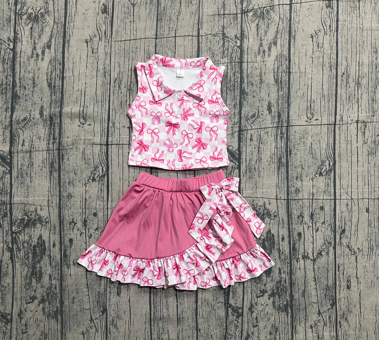 Sleeveless plaid bow top ruffle skirt girls activewear set