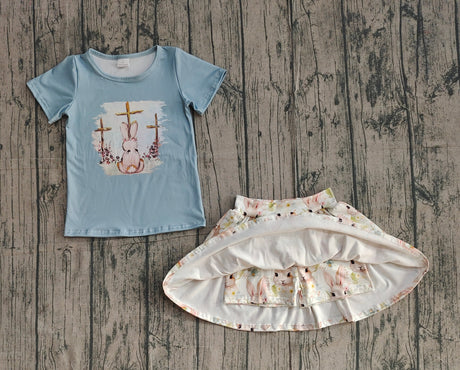 Rabbit cross bleached top skirt kids girls Easter outfits