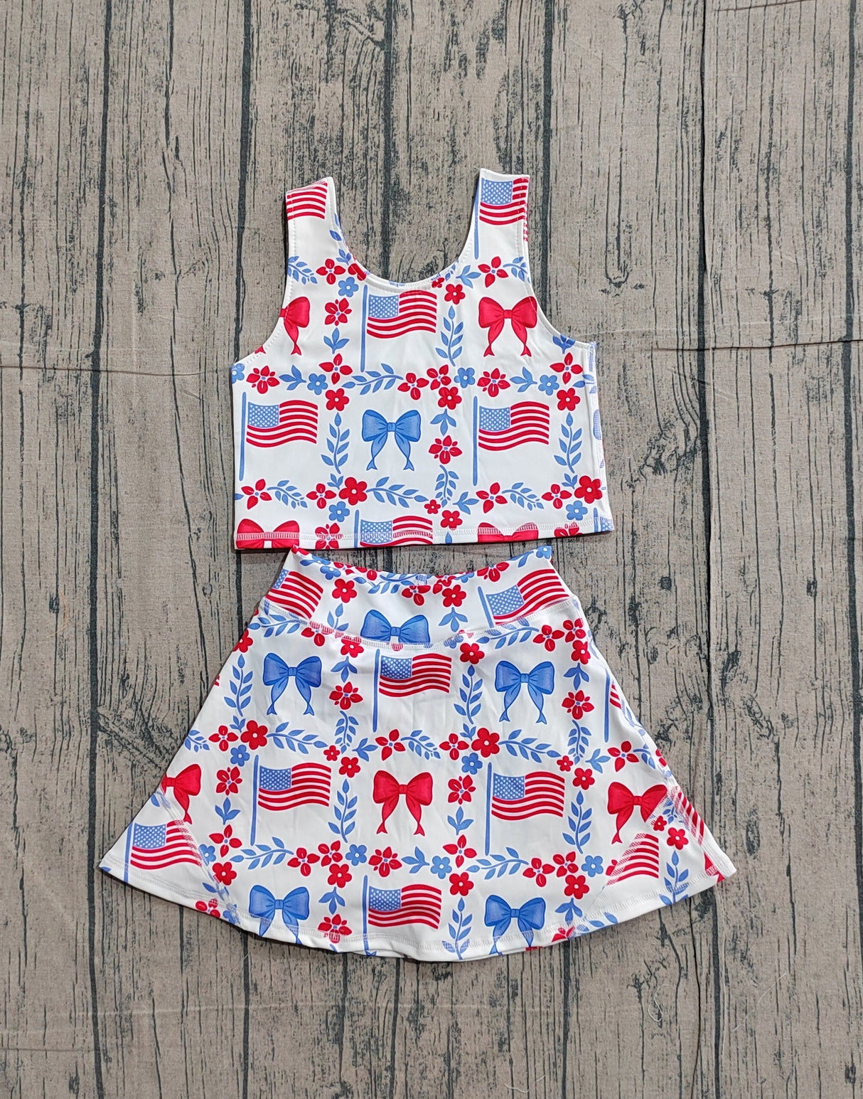 Sleeveless floral bow flag top skirt girls 4th of july active set