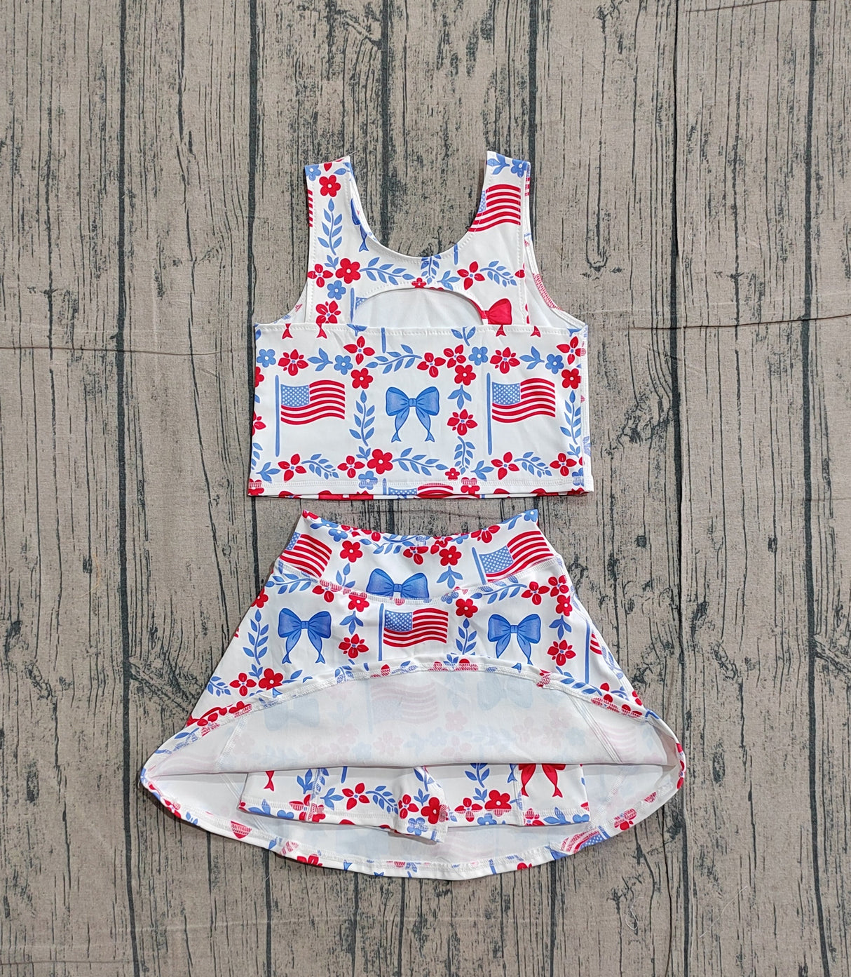 Sleeveless floral bow flag top skirt girls 4th of july active set