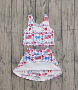Sleeveless floral bow flag top skirt girls 4th of july active set