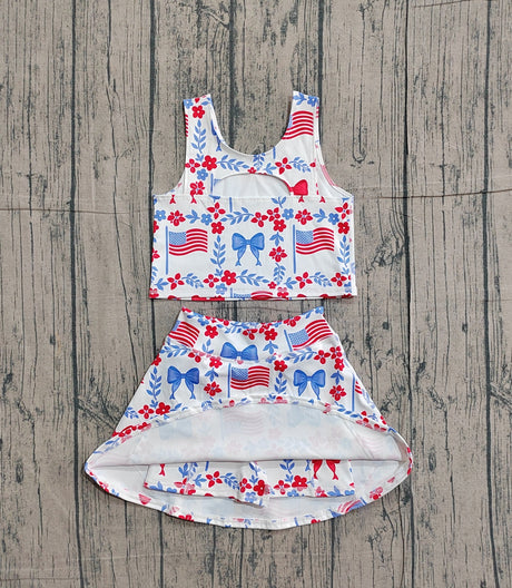 Sleeveless floral bow flag top skirt girls 4th of july active set