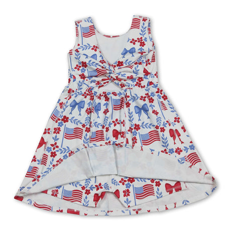 Sleeveless floral flag bow girls 4th of july athletic dresses