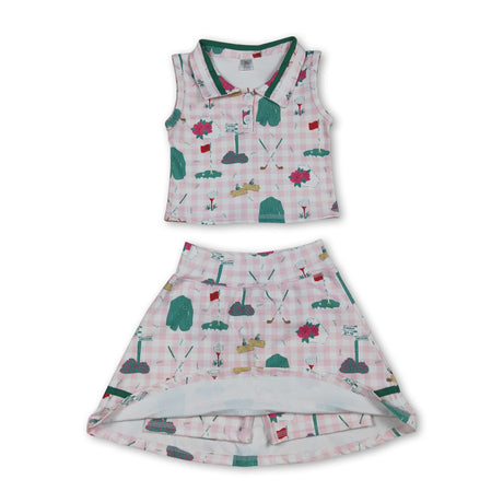 Sleeveless pink plaid golf polo shirt skirt girls active set