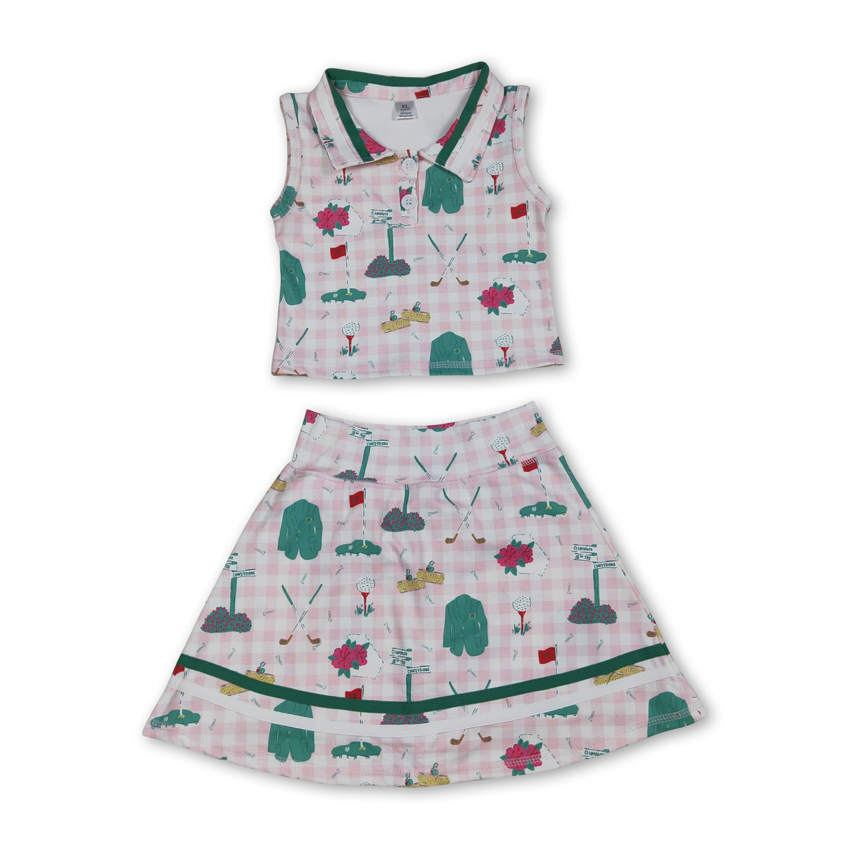 Sleeveless pink plaid golf polo shirt skirt girls active set