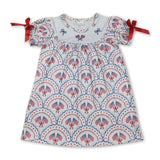 Short sleeves flag bow embroidery girls 4th of july dresses