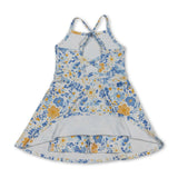 Straps blue yellow floral kids girls athletic dresses