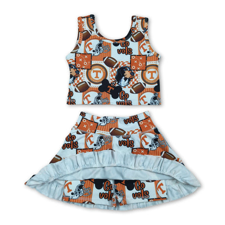 Sleeveless T dog football top skirt girls active wear set