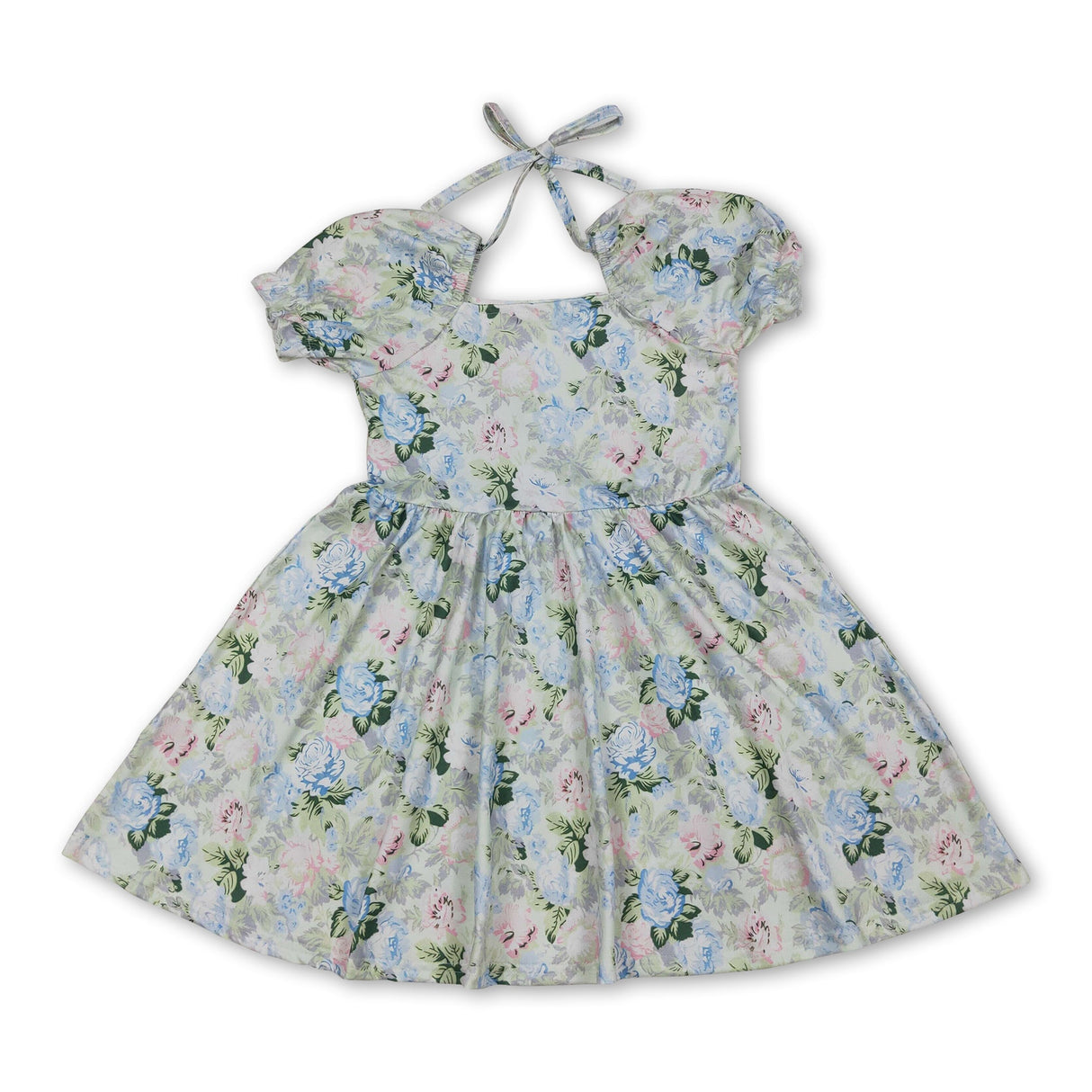 Short sleeves light blue pink floral baby girls summer dress