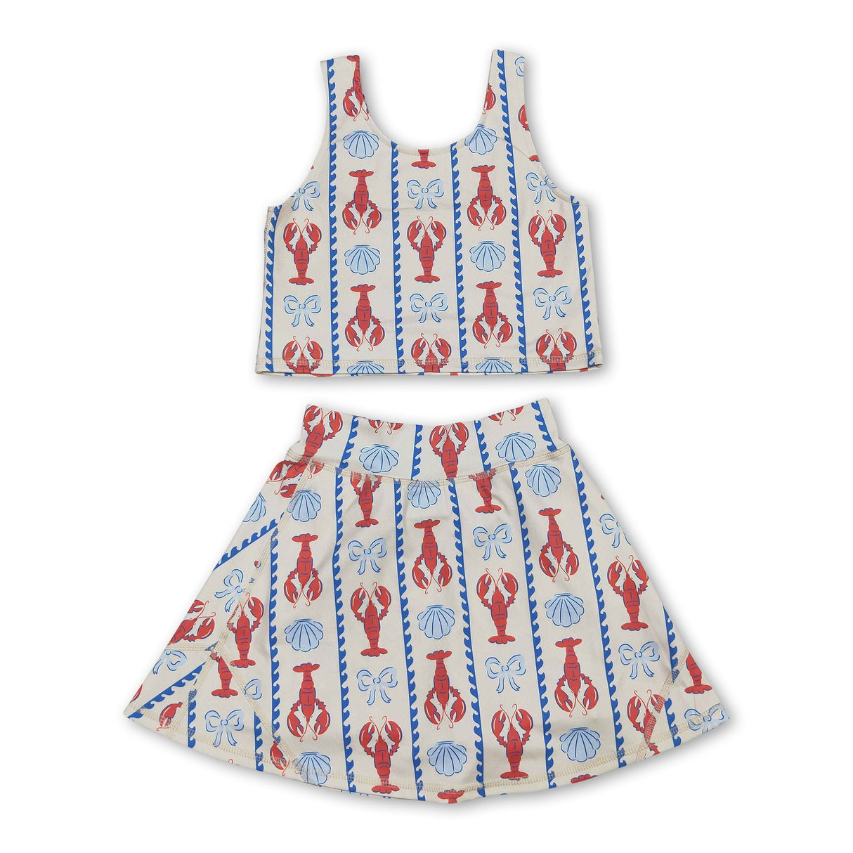Sleeveless crawfish bow top skirt girls active wear set