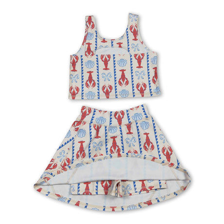Sleeveless crawfish bow top skirt girls active wear set