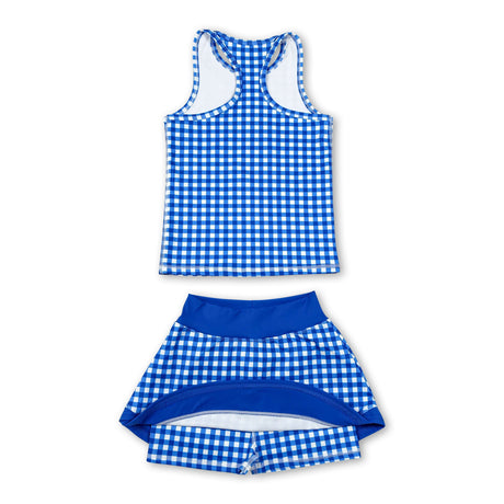 Sleeveless blue plaid top skirt kids girls active set