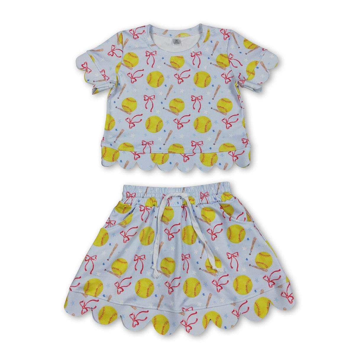 Short sleeves softball bow scallop top skirt girls active outfit