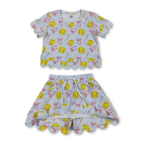 Short sleeves softball bow scallop top skirt girls active outfit