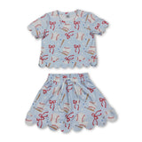 Short sleeves baseball bow scallop top skirt girls active outfit