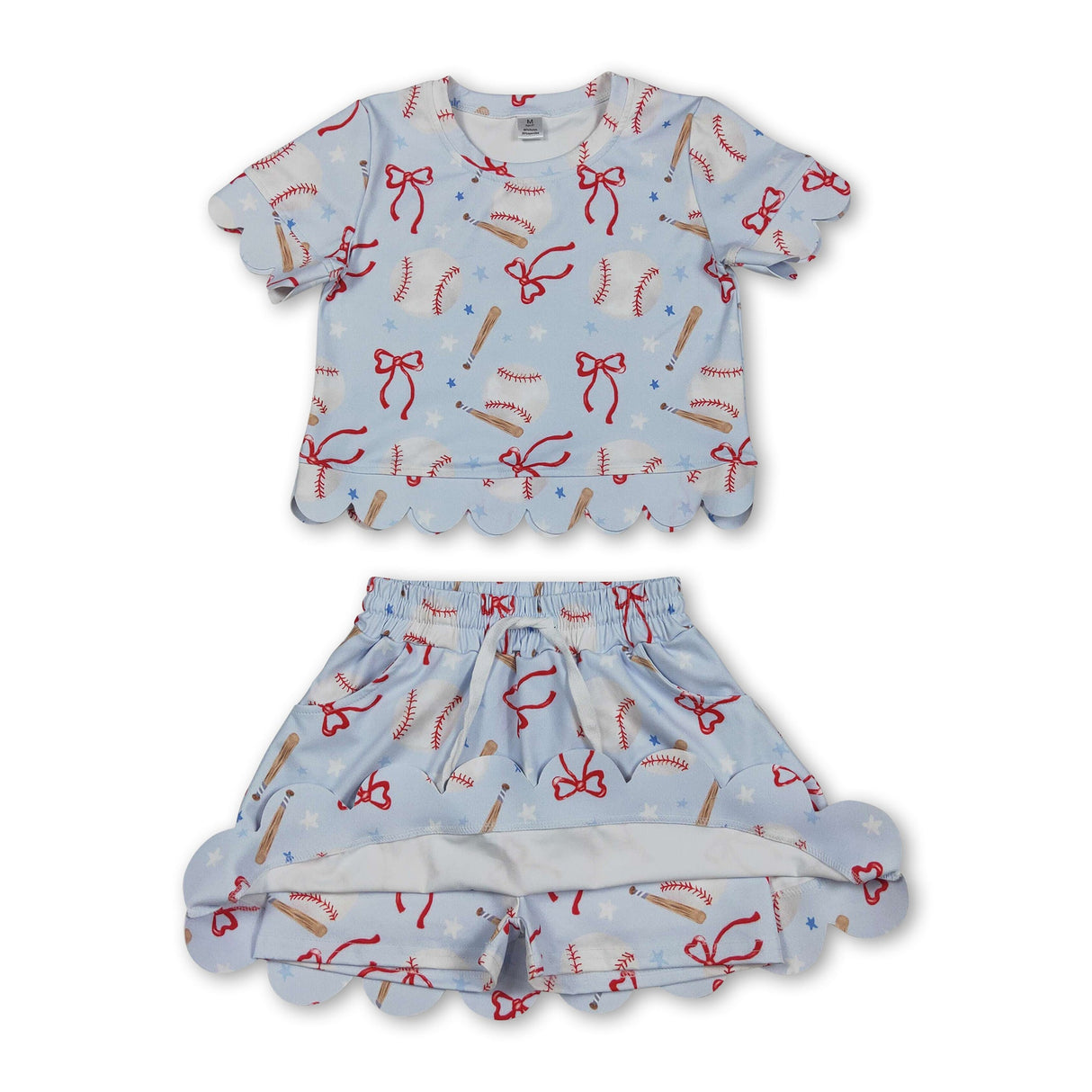 Short sleeves baseball bow scallop top skirt girls active outfit