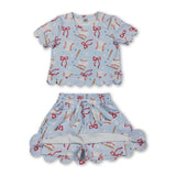Short sleeves baseball bow scallop top skirt girls active outfit