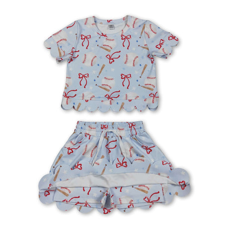 Short sleeves baseball bow scallop top skirt girls active outfit