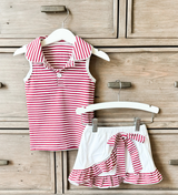 Sleeveless red stripe polo top skirt girls team active outfit