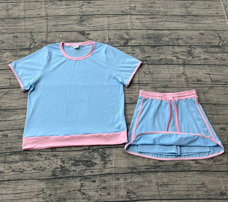 Light blue pink cotton top skirt adult women outfits