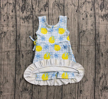Sleeveless light blue plaid bow lemon girls summer athletic dress