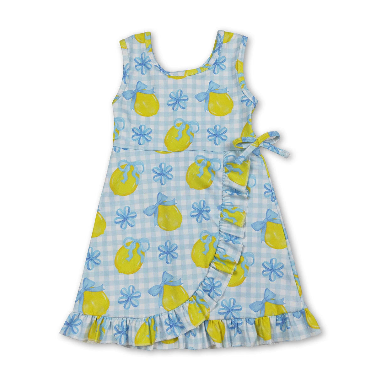 Sleeveless light blue plaid bow lemon girls summer athletic dress