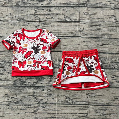 Short sleeves hogs bow top skirt girls team active wear set