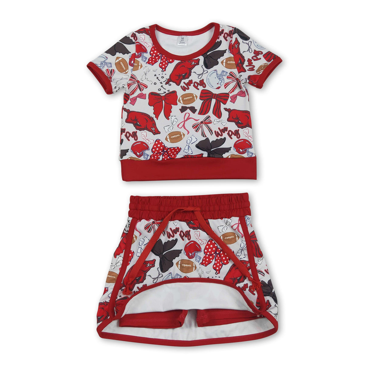 Short sleeves hogs bow top skirt girls team active wear set