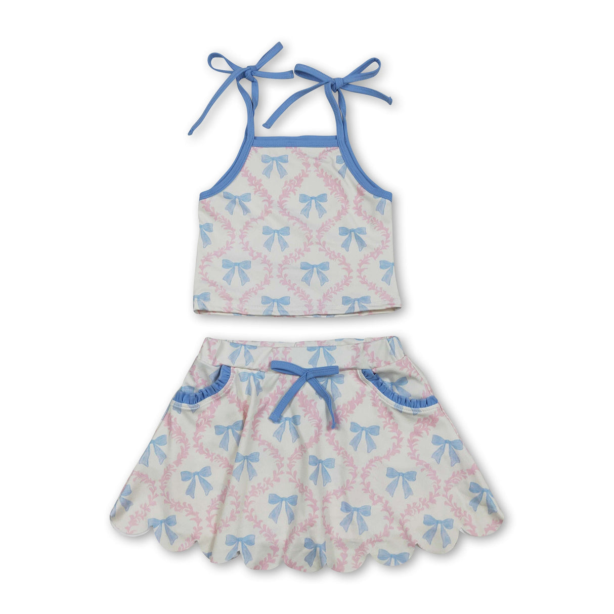 Light blue straps bow top skirt kids girls active outfits