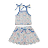 Light blue straps bow top skirt kids girls active outfits