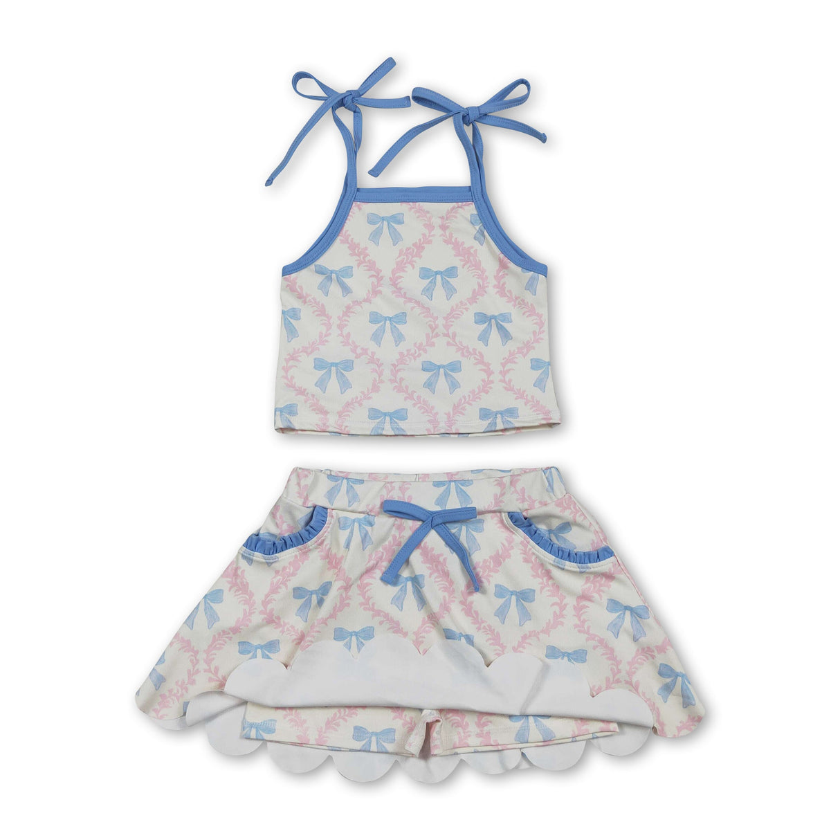 Light blue straps bow top skirt kids girls active outfits