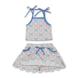 Light blue straps bow top skirt kids girls active outfits