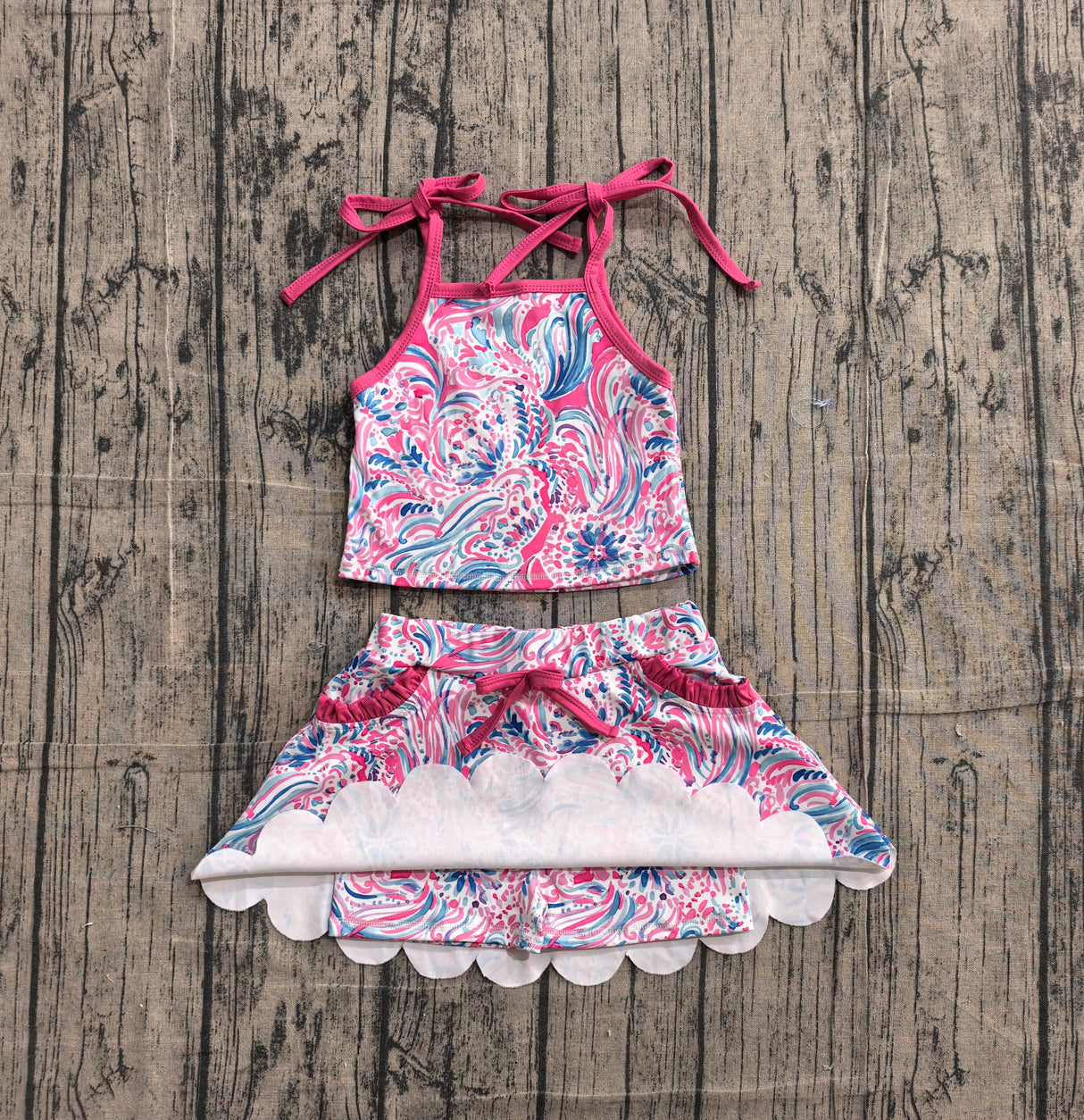 Hot pink straps watercolor top skirt kids girls active outfits