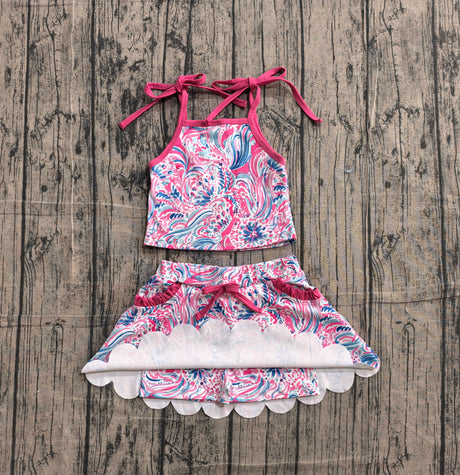 Hot pink straps watercolor top skirt kids girls active outfits