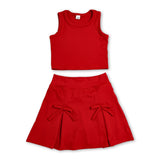 Red sleeveless top bow fold skirt girls active wear set