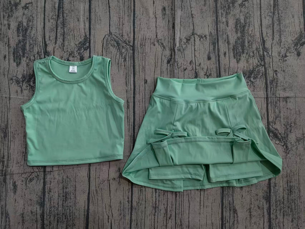 Sleeveless green crop top bow skirt kids girls summer active set