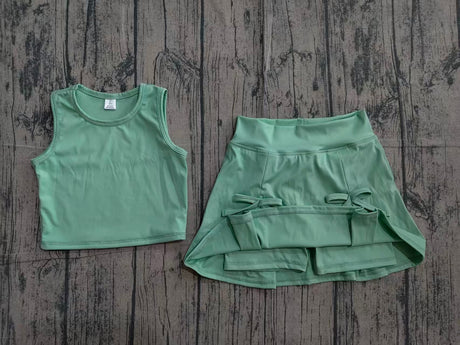 Sleeveless green crop top bow skirt kids girls summer active set