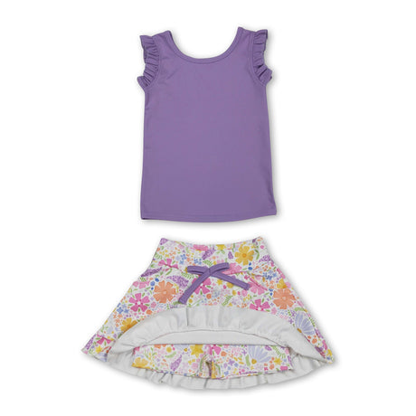 Sleeveless lavender top floral skirt girls active wear set
