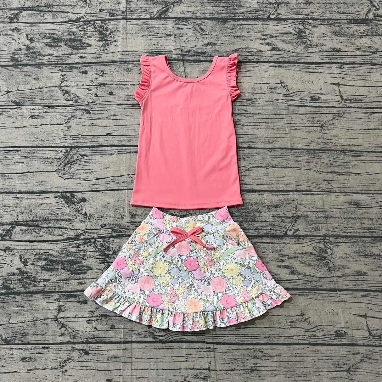 Sleeveless ruffle peach top floral skirt girls active wear set