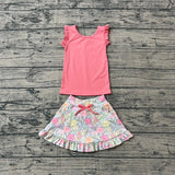 Sleeveless ruffle peach top floral skirt girls active wear set