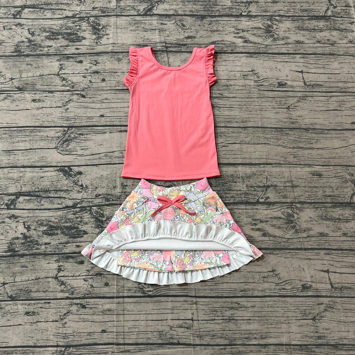 Sleeveless ruffle peach top floral skirt girls active wear set