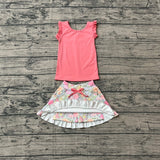 Sleeveless ruffle peach top floral skirt girls active wear set