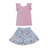 Sleeveless pink top floral skirt girls active wear set