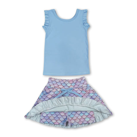 Sleeveless light blue top mermaid scale skirt girls active set
