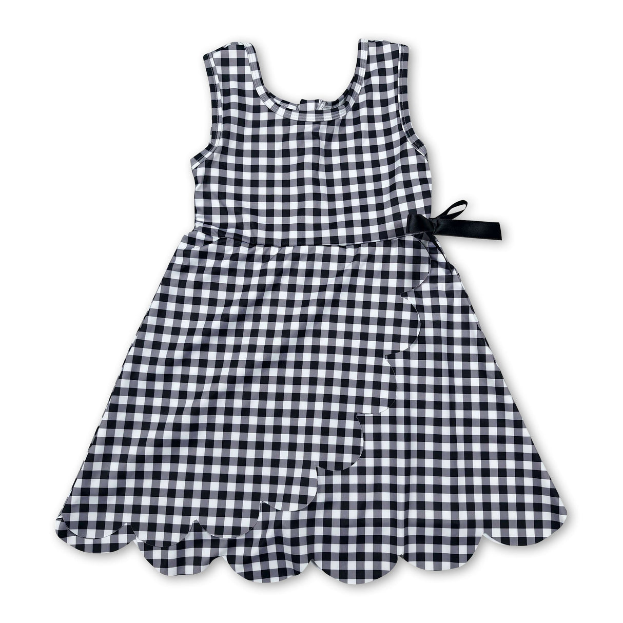 Sleeveless black plaid scallop kids girls athletic dresses