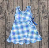 Sleeveless light blue plaid scallop kids girls athletic dresses