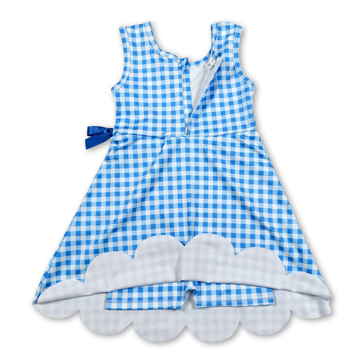 Sleeveless light blue plaid scallop kids girls athletic dresses