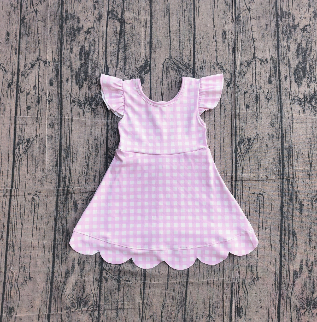 Pink plaid flutter sleeves scallop kids girls athletic dress