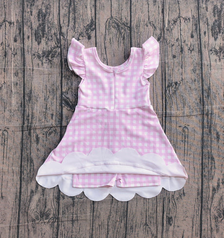 Pink plaid flutter sleeves scallop kids girls athletic dress