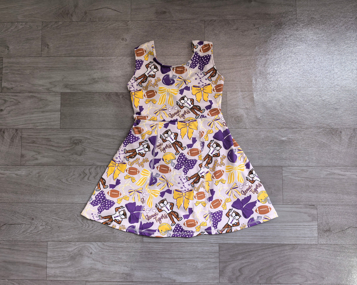 Sleeveless bow tiger kids girls team athletic dresses